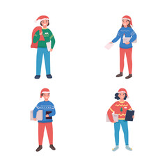 Holiday delivery courier flat color vector character set. Postman in Santa Claus hat. Christmas time. Festive season order isolated cartoon illustration for web graphic design and animation collection