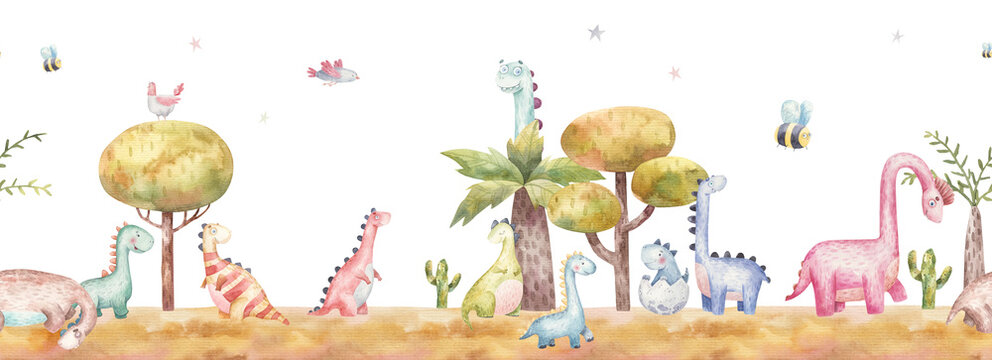 Fototapeta seamless border pattern with dinosaurs in nature, trees, cacti, childrens watercolor illustration on a white background