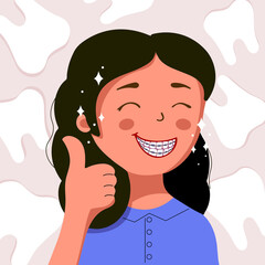 Cute girl on the background of teeth smiles and shows braces, illustration of a girl with braces, even teeth and a wide smile. The trend of flat design character, smile and braces. Concept of dental