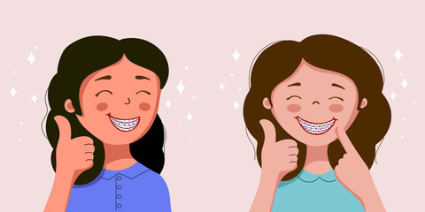 Cute girl smiles and shows braces, illustration of a girl with braces, even teeth and a wide smile. The trend of flat design character, smile and braces. Concept of dental care.