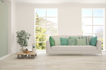 White living room with sofa and summer landscape in window. Scandinavian interior design. 3D illustration