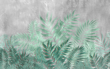 Drawing of tropical leaves in the style of wall plaster in turquoise tones.