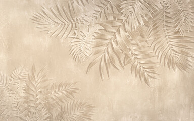 Drawing of tropical leaves in the style of wall plaster.