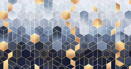 Geometric abstraction of hexagons on a blue relief background with gold elements. Fresco for interior printing, Wallpapers. Mural art. - 390336636