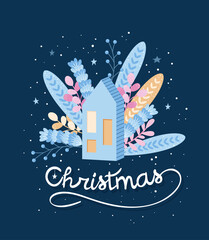 Obraz na płótnie Canvas Christmas postcard 2021 blue with house and leaves and flowers hugge style vector 