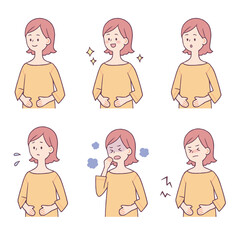 お腹をおさえる女性　表情セット