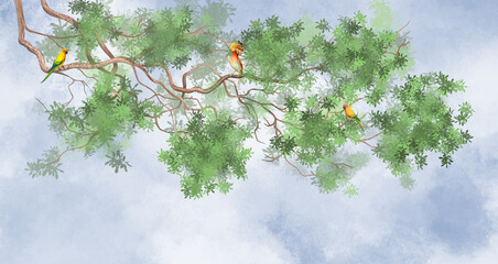 Fototapety  Gałąź drzewa na górze. Z tropikalnymi ptakami na tle nieba
