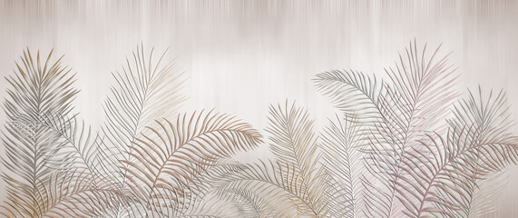 Fototapety  Tropikalne liście palmowe. Beżowe liście na jasnym tle. Mural, Tapeta do druku wewnętrznego.