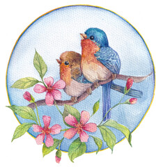 Two birds on a cherry tree branch. Watercolor illustration. - 390337020