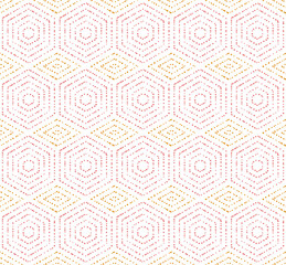Geometric repeating vector ornament with hexagonal dotted colored elements. Geometric modern ornament. Seamless abstract modern colored pattern
