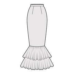 Skirt mermaid fishtail maxi technical fashion illustration with floor ankle lengths silhouette, pencil fullness. Flat bottom template front, grey color style. Women men unisex CAD mockup