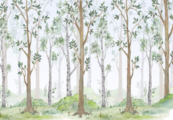 Watercolor illustration-Fairy forest. Children's interior Wallpaper. - obrazy, fototapety, plakaty