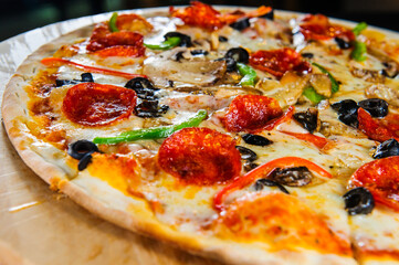 Italian pizza close up view.
