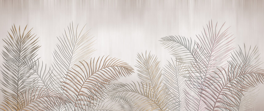 Tropical palm leaves. Beige leaves on a light background. Mural, Wallpaper for internal printing.
