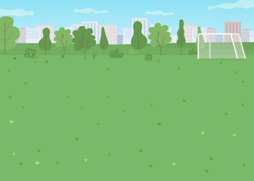 Urban park flat color vector illustration. Football goal. Field for soccer game. Spring season. Place for outdoor sport activity. City environment 2D cartoon landscape with skyline on background