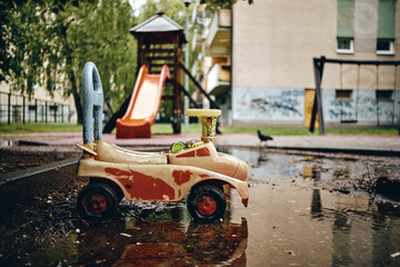 Fototapeta na wymiar Playground. Rainy day, the children are in the houses. In addition to the pandemic that surrounded us, the rain additionally made it impossible to play. We are all waiting for better and better days. 