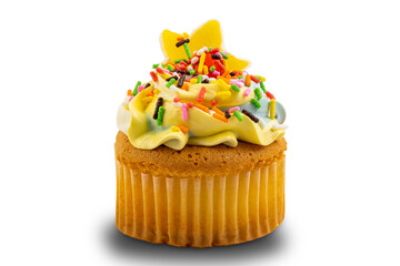 Vanilla cupcake with multicolored butter cream frosting decorated with colorful sprinkles isolated on white background with clipping path.