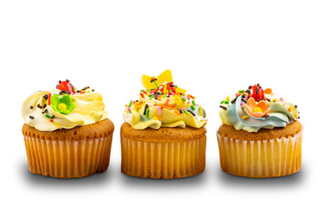 Vanilla cupcake garnished with vanilla butter cream frosting decorated with colorful sprinkles isolated on white background with clipping path.