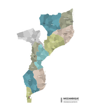 Mozambique higt detailed map with subdivisions. Administrative map of Mozambique with districts and cities name, colored by states and administrative districts. Vector illustration 