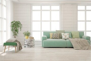 White living room with sofa. Scandinavian interior design. 3D illustration