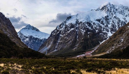 Close-up of snow mountain scenery in Fiordland National Park, New Zealand