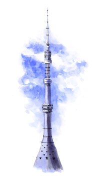 Watercolor scketch Ostankino tv tower in Moscow, Russia
