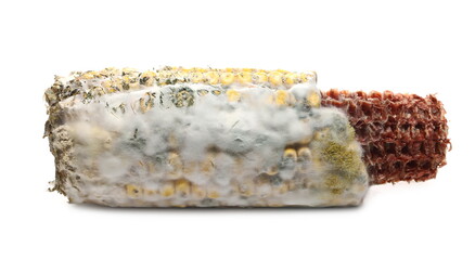 Moldy corn cob isolated on white background, Aflatoxin - Aspergillus flavus and Aspergillus parasiticus