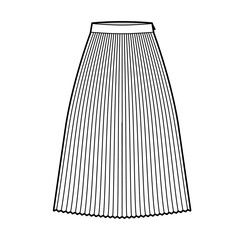 Skirt sunray pleat technical fashion illustration with below-the-knee midi length silhouette, circular fullness. Flat bottom template front, white color style. Women, men, unisex CAD mockup