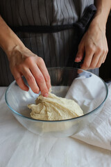 Household. Hands of a female housewife knead the dough in a large bowl. Family celebration.