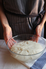 Household. Hands of a female housewife knead the dough in a large bowl. Family celebration.