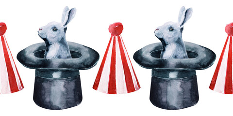 Watercolor seamless borders with circus animals and holiday paraphernalia, balloons, banners, magic wands, cotton candy and popcorn  © Ellivelli