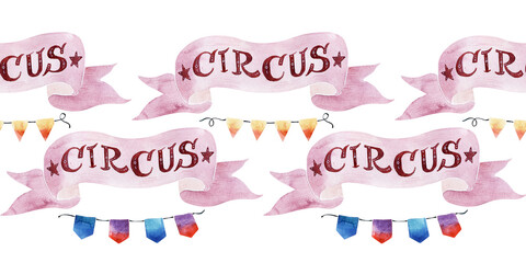 Watercolor seamless borders with circus animals and holiday paraphernalia, balloons, banners, magic wands, cotton candy and popcorn
