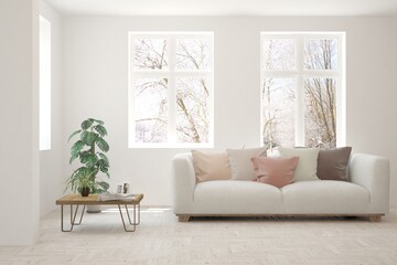 White living room with sofa and winter landscape in window. Scandinavian interior design. 3D illustration