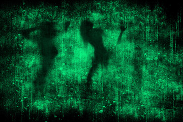 Abstract blurred silhouette of women on green grunge background. Monochrome vintage illustration