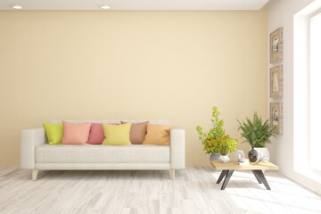 White living room with sofa. Scandinavian interior design. 3D illustration