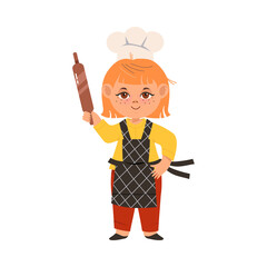 Smiling Girl Wearing Toque and Apron Holding Rolling Pin Vector Illustration