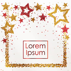 Cards with stars and frame from red and gold sparkles, glitter and space for text on white background. Vector illustration. Elements for banner, design, logo, web, invitation, business, party.