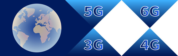 Technology banner. Globe with continents on blue background. High speed data transmission technologies 3G 4G 5G 6G. Mobile communications and telecommunications. Logistic network business concept.