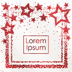 Obraz premium Cards with stars and frame from red sparkles, glitter and space for text on white background. Vector illustration. Elements for banner, design, logo, web, invitation, business, party.