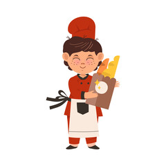 Cute Boy Chef in Toque and Apron Holding Pastry and Buns Vector Illustration
