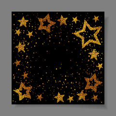 Cards with stars from gold sparkles, glitter and space for text on black background. Vector illustration. Elements for banner, design, logo, web, invitation, business, party.