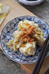 Close up Wanton Dish Top with Crispy Garlic