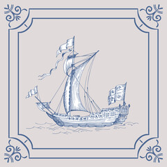 Old caravel. Ship on the Blue Dutch tile. Imitation. Frigate, vintage sailboat, Sailing vessel , glazed porcelain ceramic.