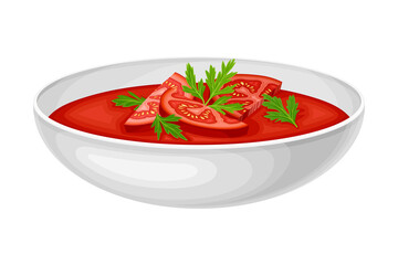 Gazpacho or Cold Soup of Tomatoes Garnished with Potherbs Served in Bowl Vector Illustration