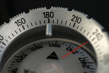 Close up of compass, waterproof compass for diving and outdoor activities