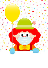 Rothaariger Clown Hält Gelben Luftballon Banner Luftschlangen Und Konfetti