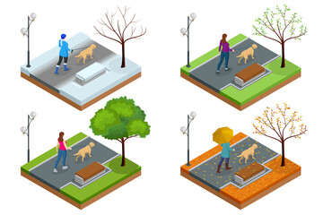 Isometric girl in casual clothes walking in park with golden retriever. Season winter, spring, summer, autumn. Pet care concept. Back view