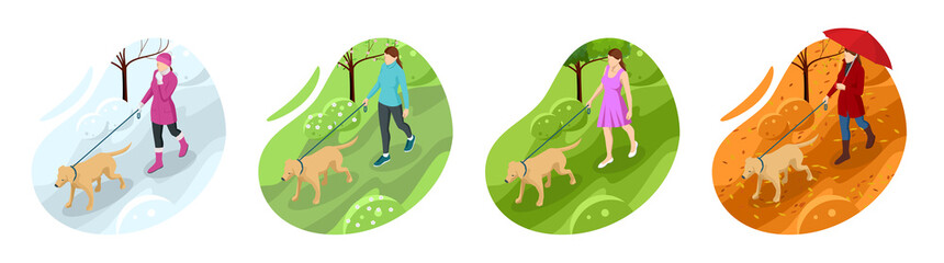 Isometric girl in casual clothes walking in park with golden retriever. Season winter, spring, summer, autumn. Pet care concept. Front view