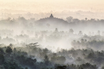 Obraz premium The mist covers Borobudur Temple from the Punthuk Setumbu Hill