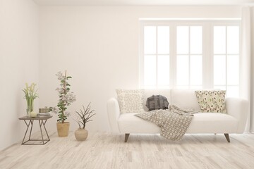 White living room with sofa. Scandinavian interior design. 3D illustration